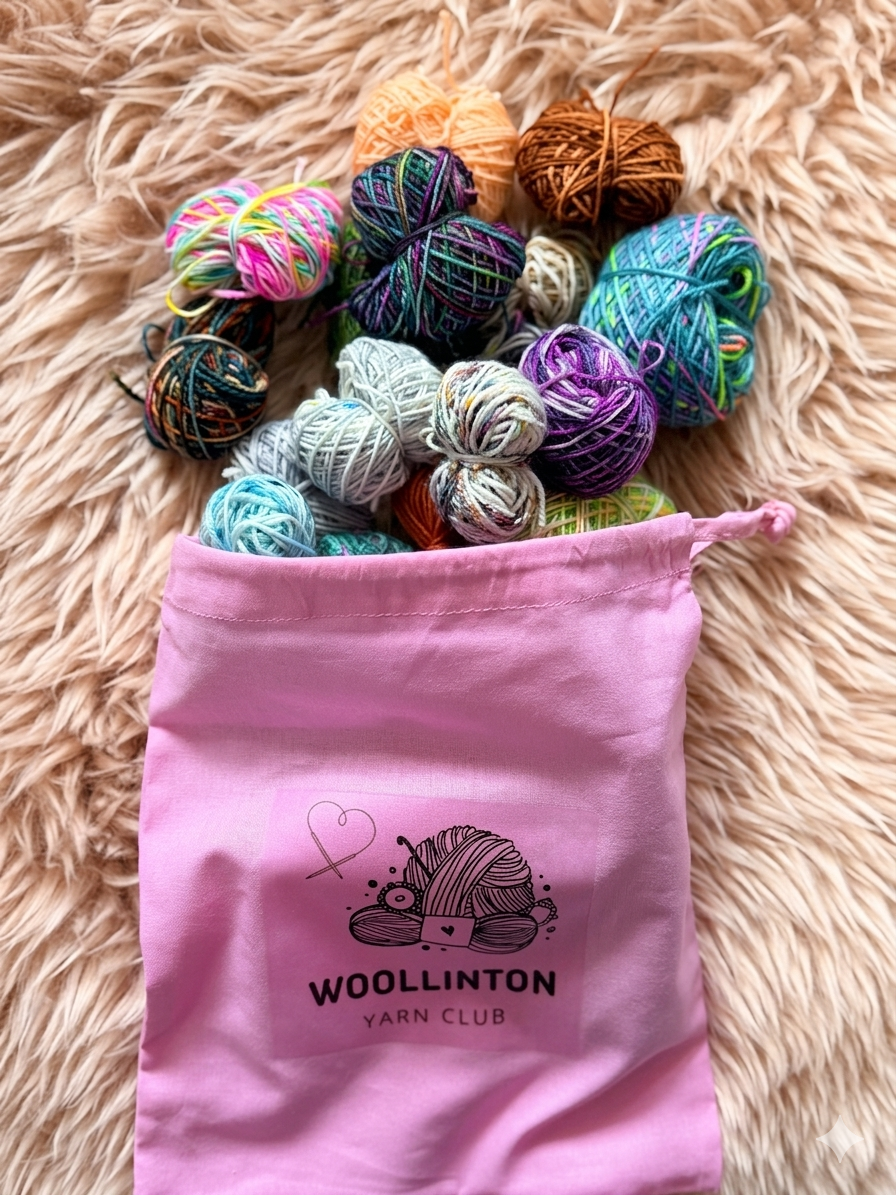 A pink Woollinton Yarn Club project bag overflowing with a colourful variety of hand-dyed fingering weight mini skein yarn balls on a fluffy neutral background.